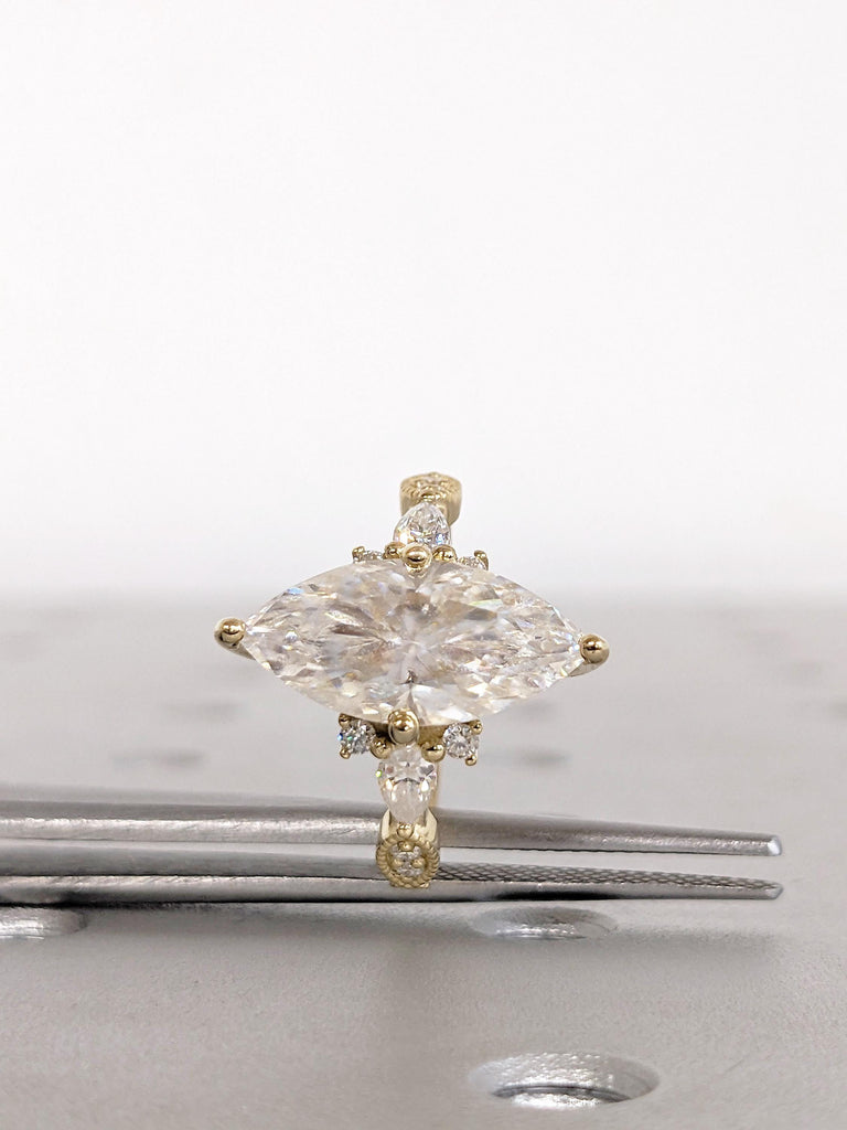 Marquise Moissanite Ring: 14K Yellow Gold Milgrain Engagement Ring