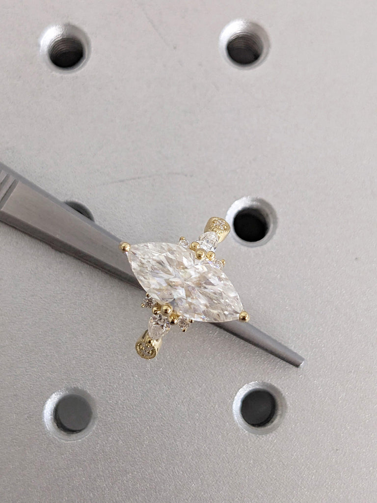 Marquise Moissanite Engagement Ring, 14K Yellow Gold Milgrain Wedding Ring, Prong Set Round Pear Side Diamond Ring, Anniversary Ring For Her