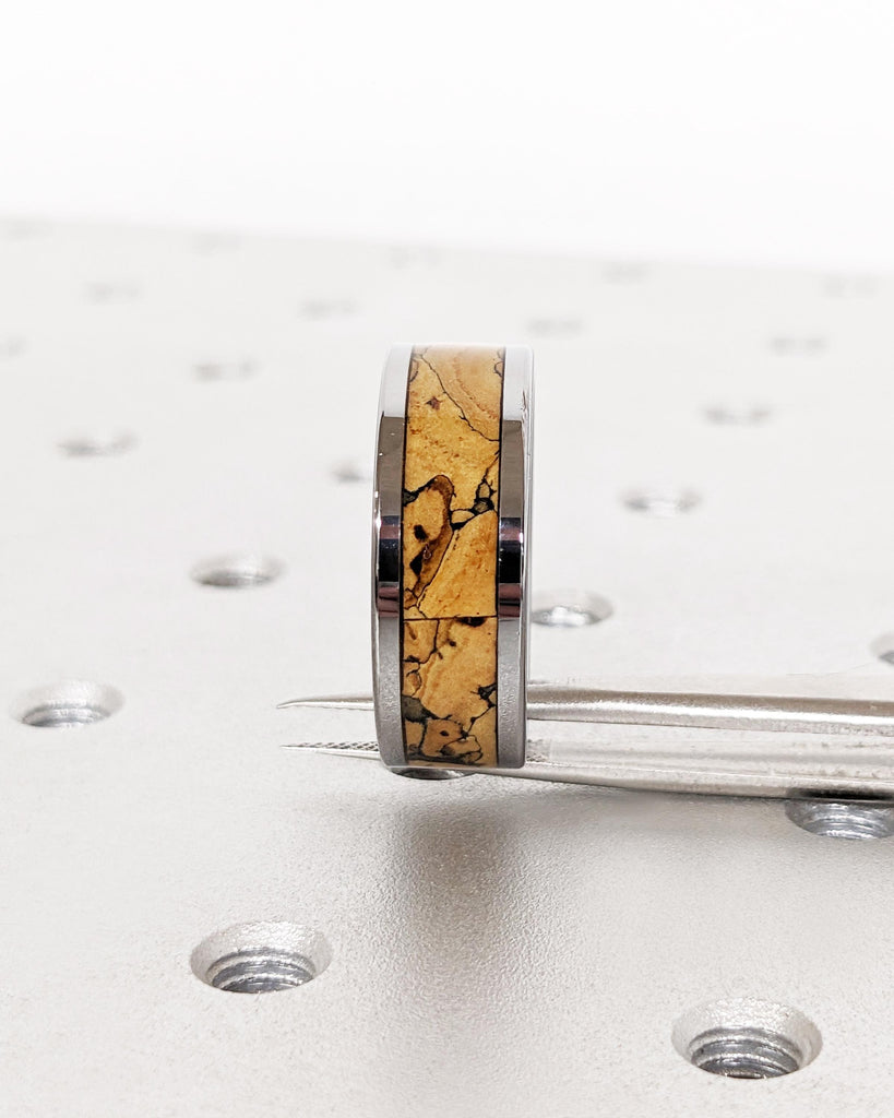 Dinosaur Bone Wedding Band: Silver Tungsten Ring, Jurassic Fossil Pattern Inlay, Polished Finish, 8mm