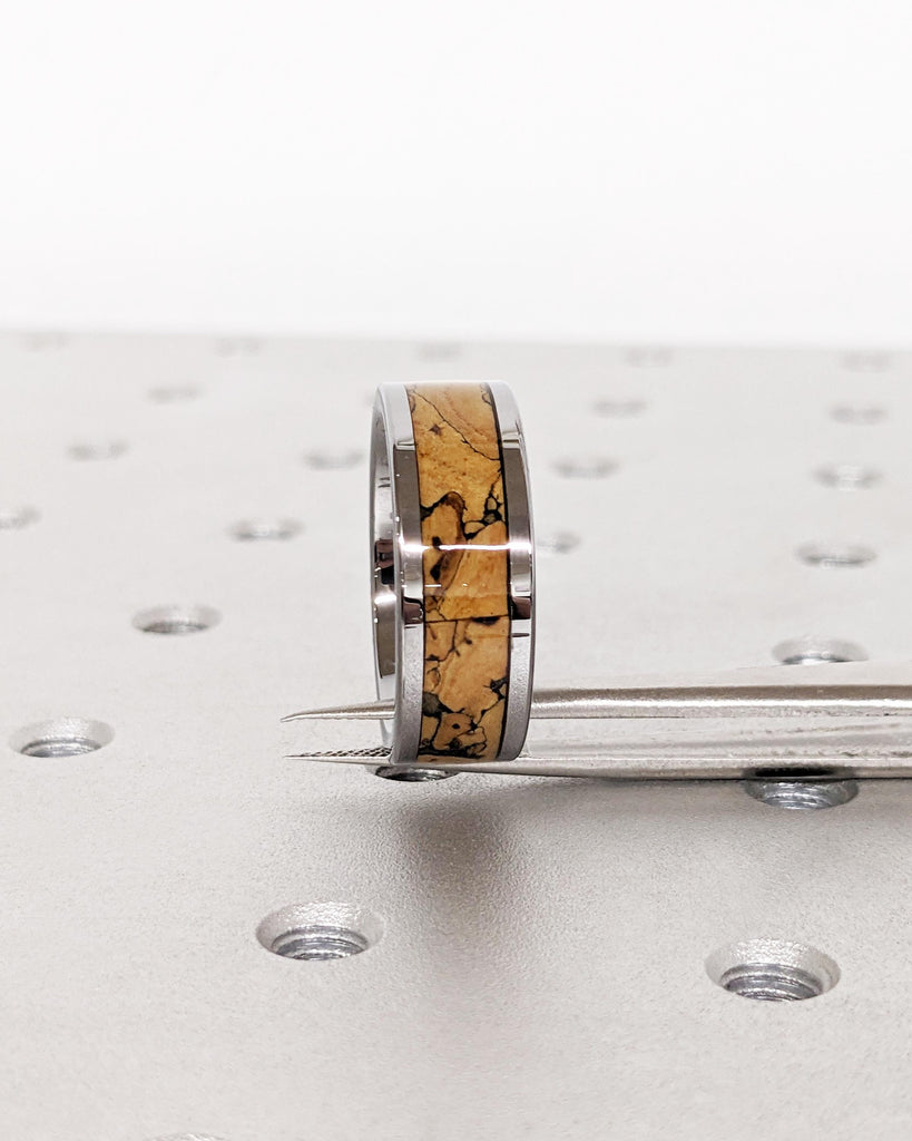 Silver Tungsten Carbide Men's Ring with Dinosaur Bone Inlay | T-Rex Fossil Pattern | 8MM Wide Polished Tungsten Band | Unique Rings for Men