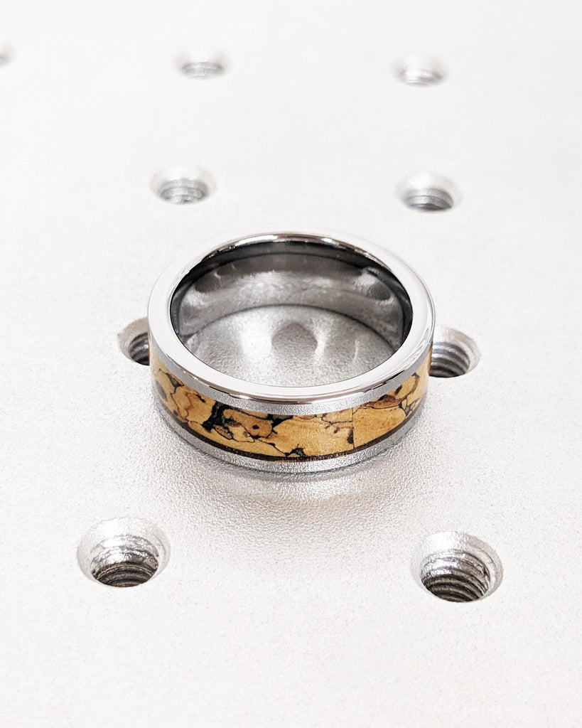 Silver Tungsten Carbide Men's Ring with Dinosaur Bone Inlay | T-Rex Fossil Pattern | 8MM Wide Polished Tungsten Band | Unique Rings for Men