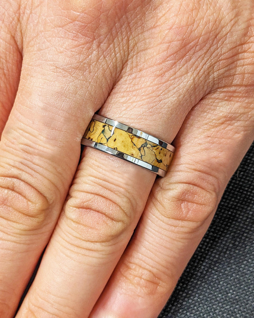 Silver Tungsten Carbide Men's Ring with Dinosaur Bone Inlay | T-Rex Fossil Pattern | 8MM Wide Polished Tungsten Band | Unique Rings for Men