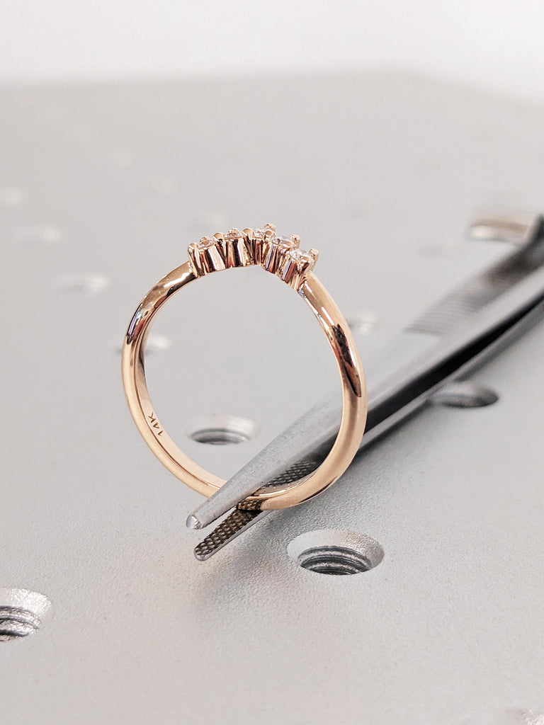 Chevron Matching Bridal Engagement Ring, V Shaped Diamond Wedding Band, Dainty 14K Solid Rose Gold Stacking Ring, Anniversary Gift For Her