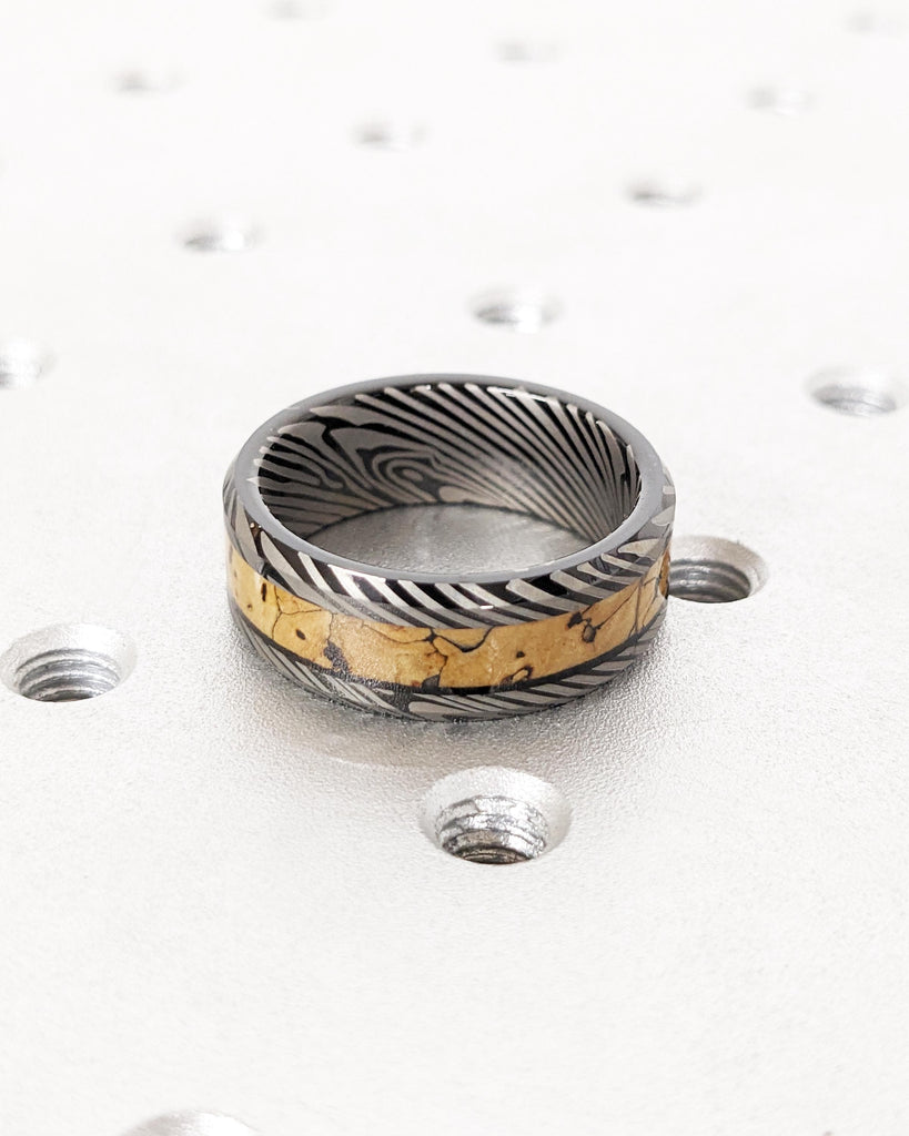 Black Tungsten Wedding Band | Mokume Gane Pattern Damascus Ring | Dinosaur Bone Fossil Inlay | Polished Finish | Anniversary Men's Ring 8mm