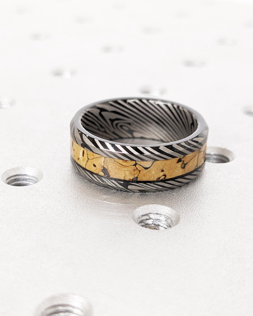 Black Tungsten Wedding Band | Mokume Gane Pattern Damascus Ring | Dinosaur Bone Fossil Inlay | Polished Finish | Anniversary Men's Ring 8mm