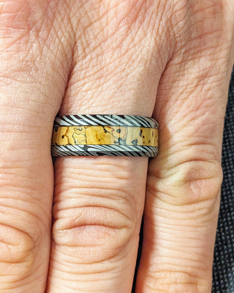 Black Tungsten Wedding Band | Mokume Gane Pattern Damascus Ring | Dinosaur Bone Fossil Inlay | Polished Finish | Anniversary Men's Ring 8mm