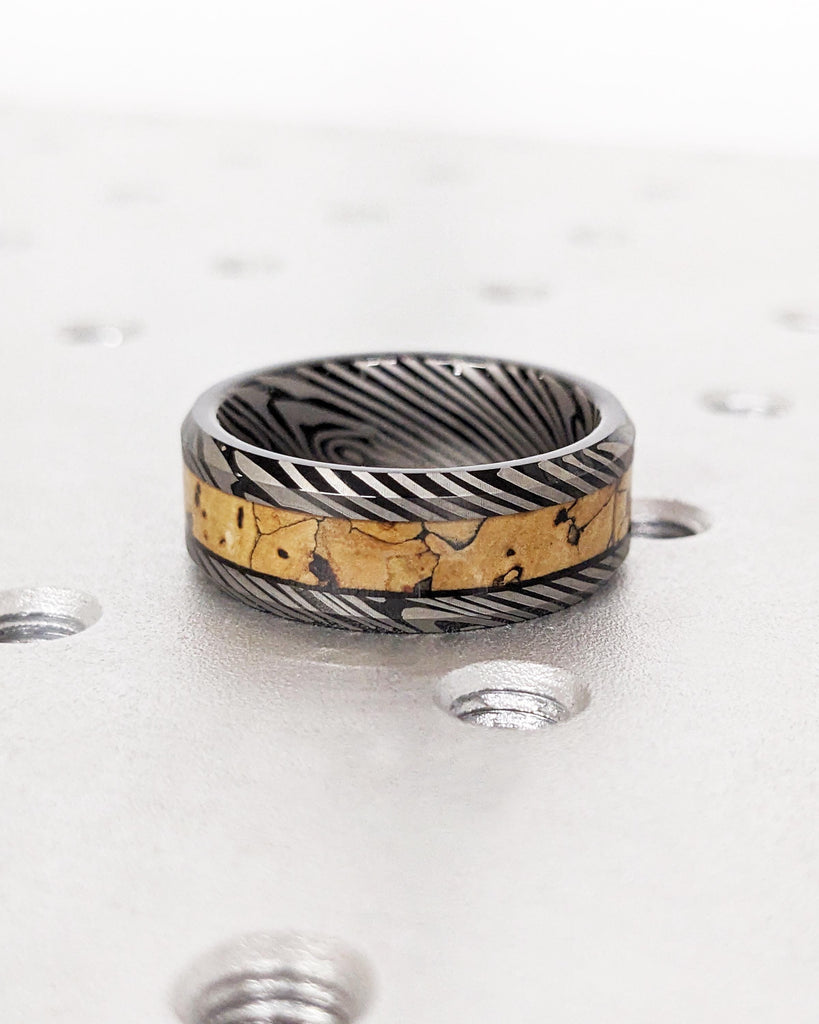 Black Tungsten Wedding Band | Mokume Gane Pattern Damascus Ring | Dinosaur Bone Fossil Inlay | Polished Finish | Anniversary Men&#39;s Ring 8mm