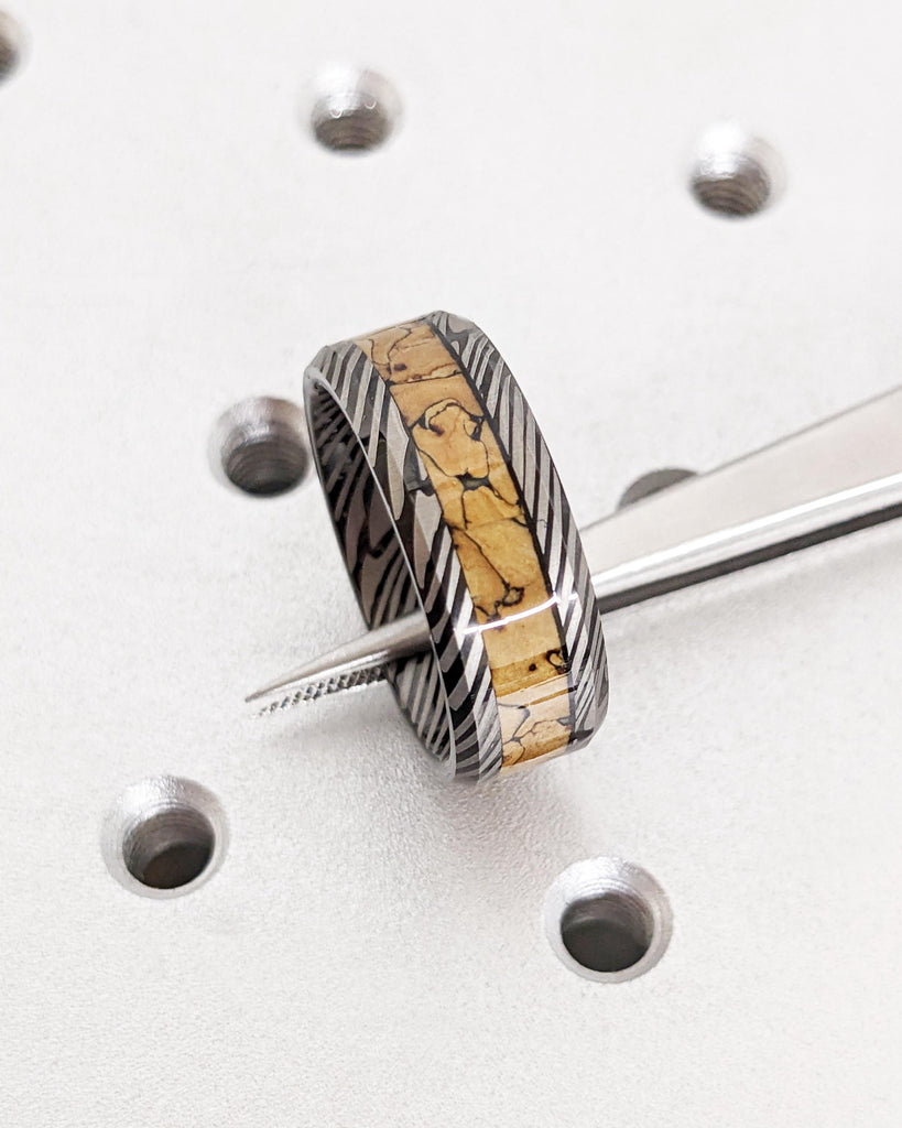 Black Tungsten Wedding Band: Mokume Gane Damascus Pattern & Dinosaur Bone Inlay, Polished Finish, 8mm