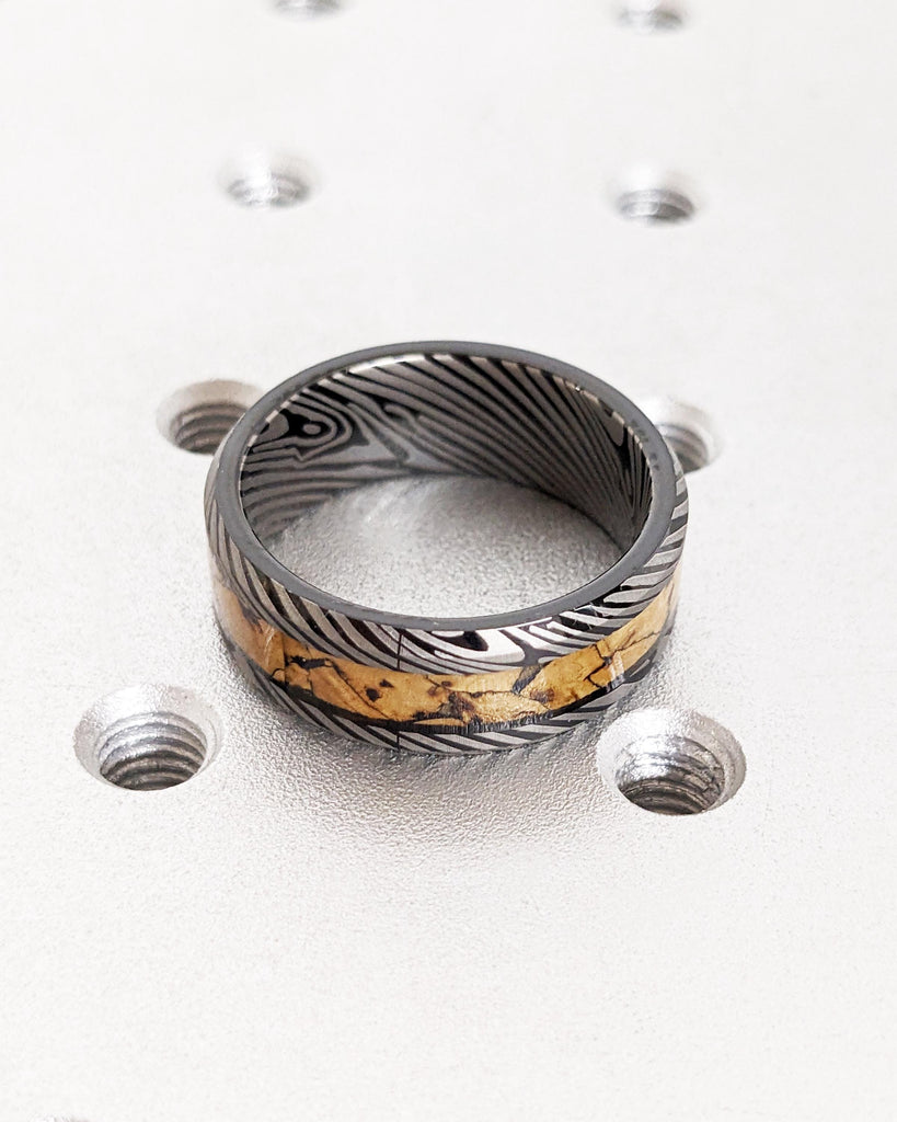 Black Tungsten Wedding Band: Mokume Gane Damascus Pattern & Dinosaur Bone Inlay, Brushed Finish, 8mm