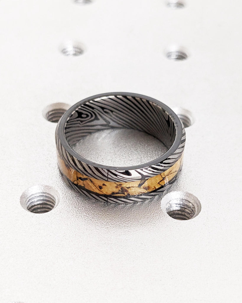 Black Tungsten Wedding Band | Mokume Gane Pattern Damascus Ring | Dinosaur Bone Fossil Inlay | Brushed Finish | Anniversary Men's Ring 8mm