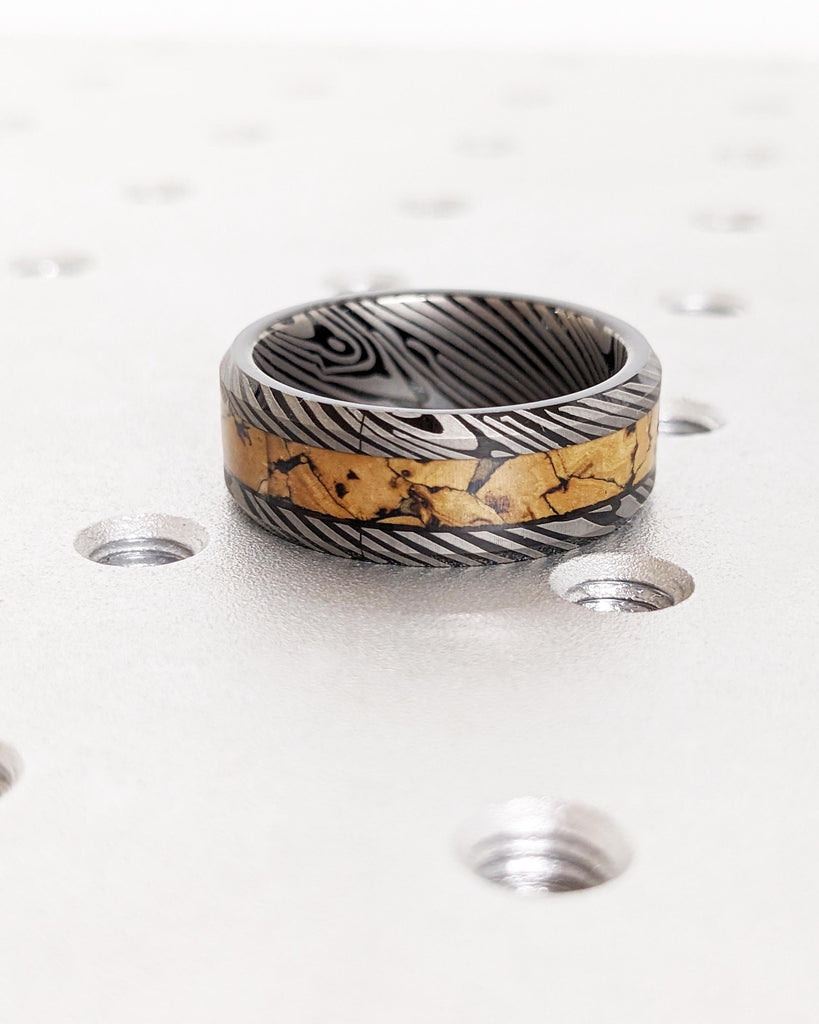 Black Tungsten Wedding Band: Mokume Gane Damascus Pattern & Dinosaur Bone Inlay, Brushed Finish, 8mm