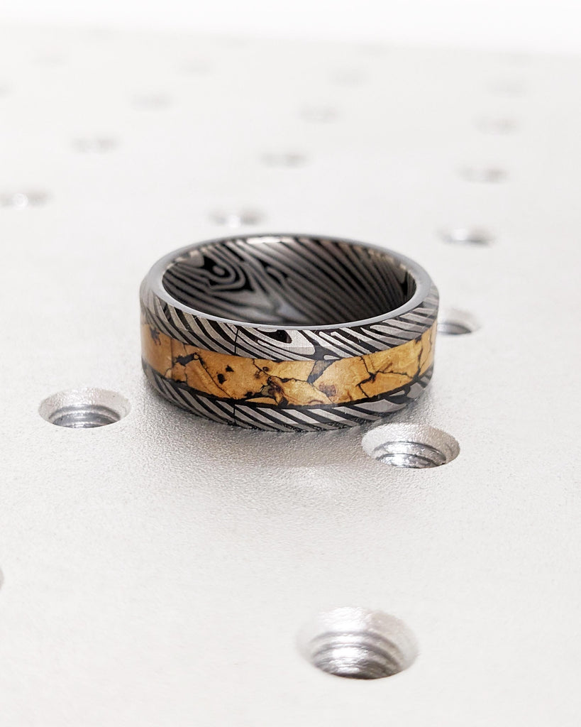 Black Tungsten Wedding Band: Mokume Gane Damascus Pattern & Dinosaur Bone Inlay, Brushed Finish, 8mm
