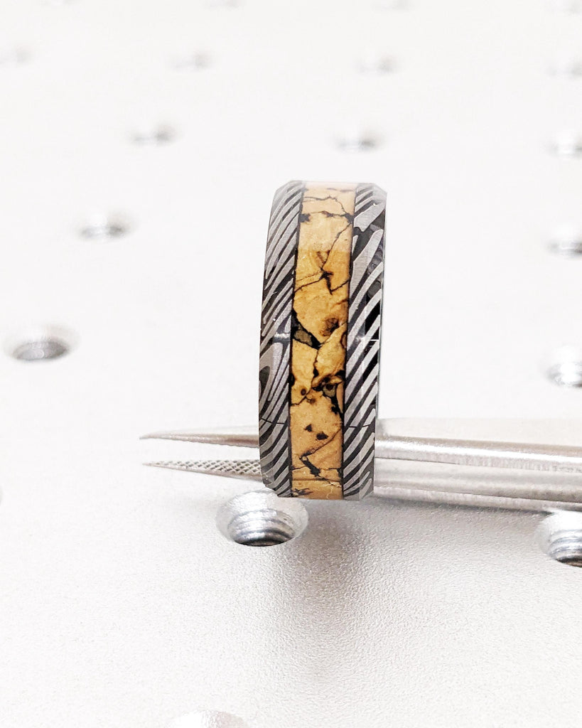 Black Tungsten Wedding Band | Mokume Gane Pattern Damascus Ring | Dinosaur Bone Fossil Inlay | Brushed Finish | Anniversary Men's Ring 8mm