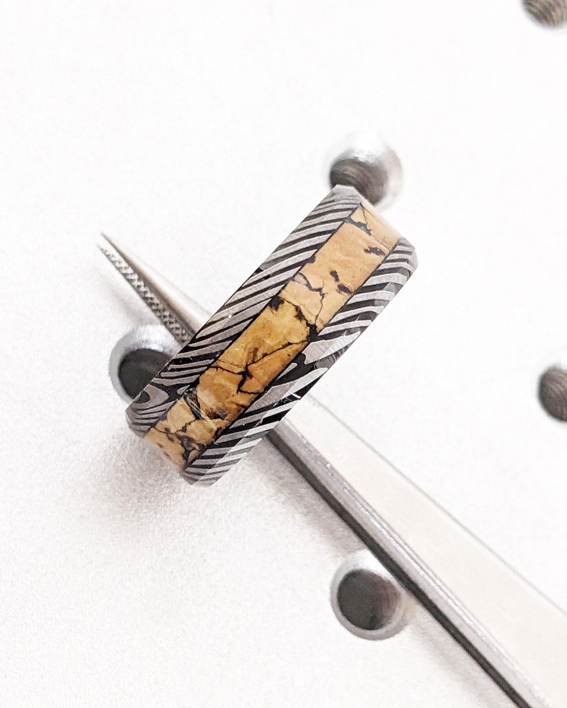 Black Tungsten Wedding Band: Mokume Gane Damascus Pattern & Dinosaur Bone Inlay, Brushed Finish, 8mm