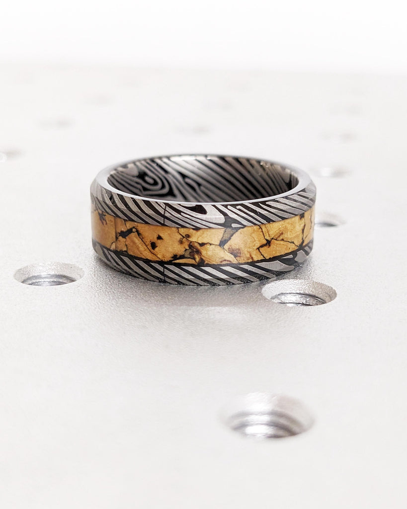 Black Tungsten Wedding Band | Mokume Gane Pattern Damascus Ring | Dinosaur Bone Fossil Inlay | Brushed Finish | Anniversary Men&#39;s Ring 8mm