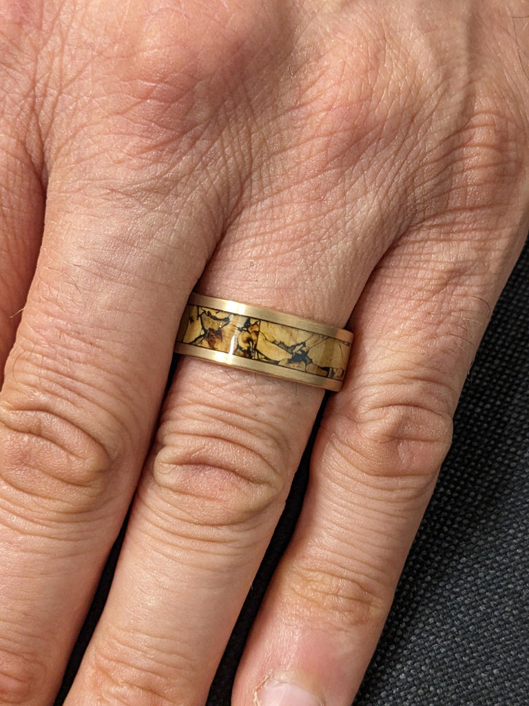 Brushed Rose Gold Wedding Ring for Him 8MM Comfort Fit | Dinosaur Bone Inlay Male Wedding Band | Rose Gold Tungsten Ring | Tungsten Bands