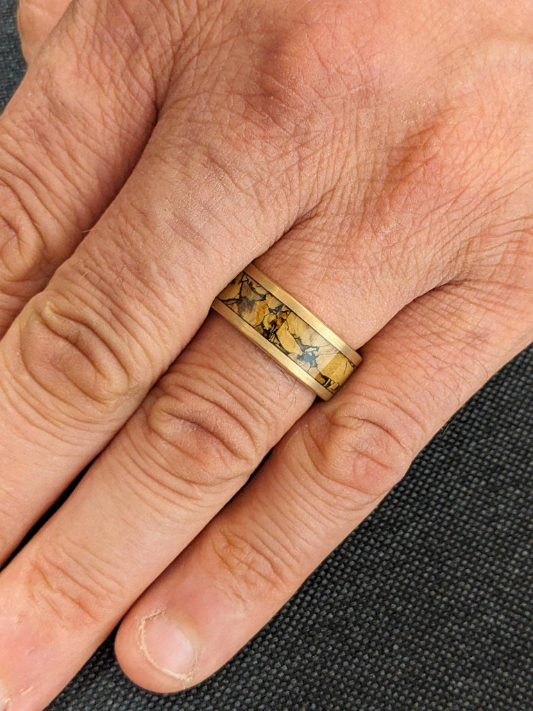 8MM Wide Tungsten Male Engagement Ring | T-Rex Bone Inlay Organic Ring | Unique Men&#39;s Ring