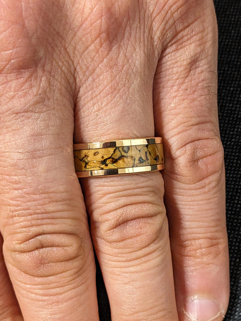 8MM Tungsten Ring | Rose Gold Men&#39;s Wedding Ring | Unique Jurassic Dinosaur Wedding Band