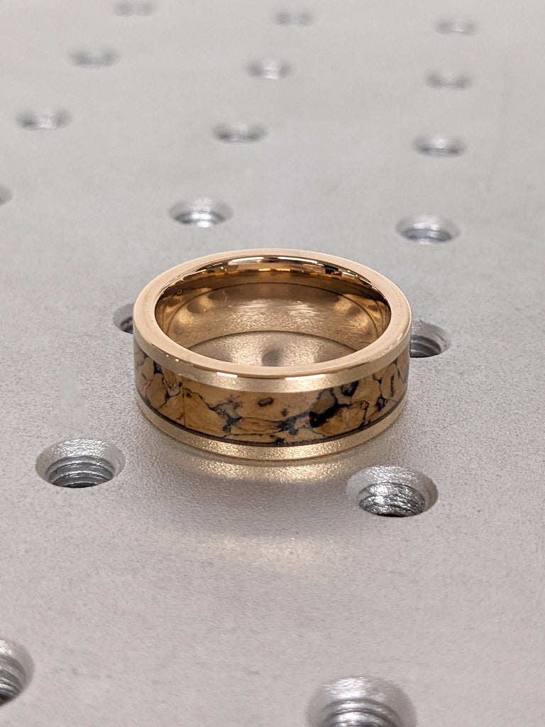 Comfort Fit 8MM Unique Wedding Band for Him: Rose Gold Plated Tungsten Carbide, Dinosaur Pattern Inlay