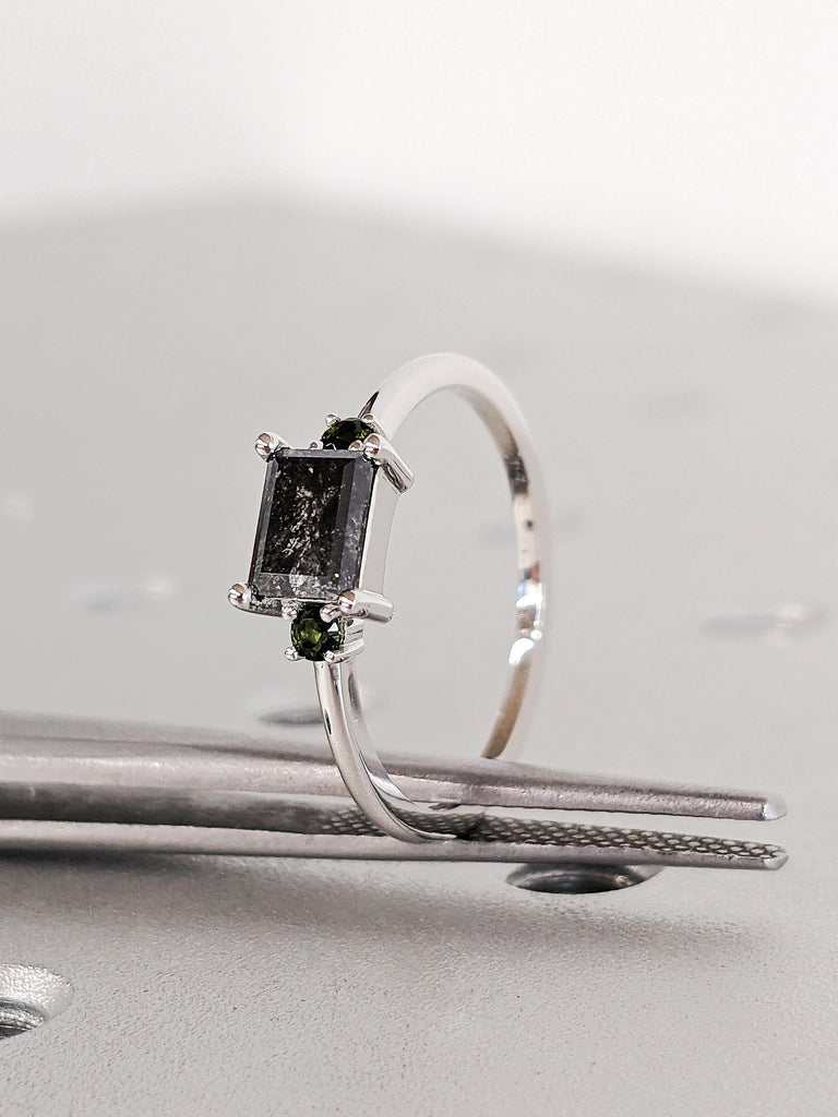 18K White Gold Salt and Pepper Diamond Engagement Ring, Unique Green Tourmaline Birthstone Wedding Band