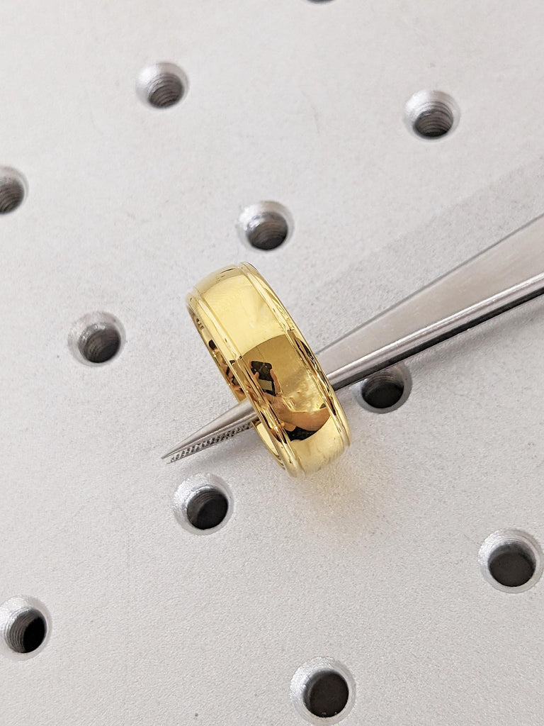 Unique Men's Wedding Band, 8mm Dome Tungsten Ring, Dainty Yellow Gold Plated Men's Engagement Ring, Comfort Fit Polished Stacking Ring