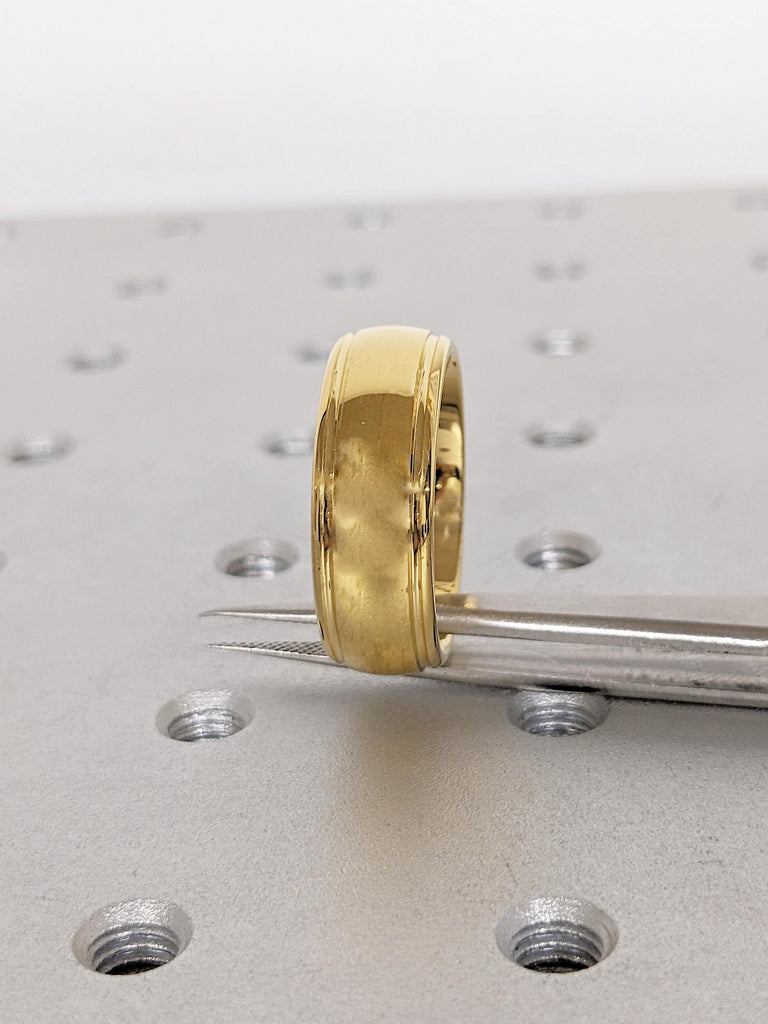 Unique Men's Wedding Band, 8mm Dome Tungsten Ring, Dainty Yellow Gold Plated Men's Engagement Ring, Comfort Fit Polished Stacking Ring