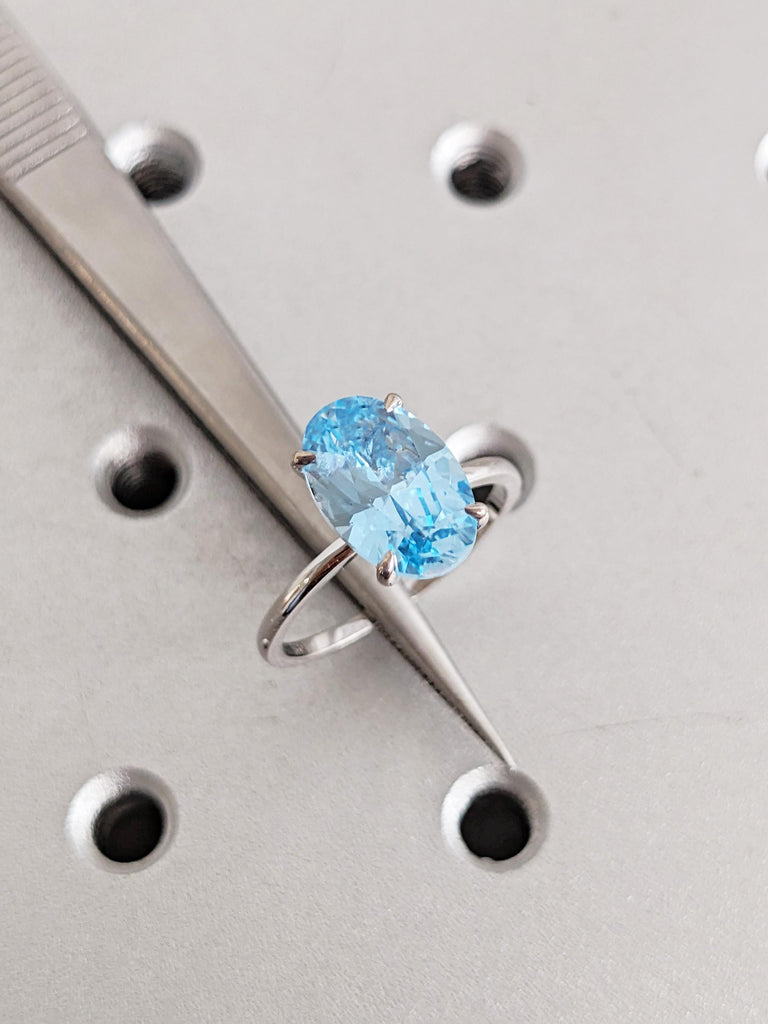 Aquamarine Engagement Ring, 14K White Gold Solitaire Ring, Talon Prong Oval Lab Aquamarine, March Birthstone Promise Ring, Gemstone Jewelry