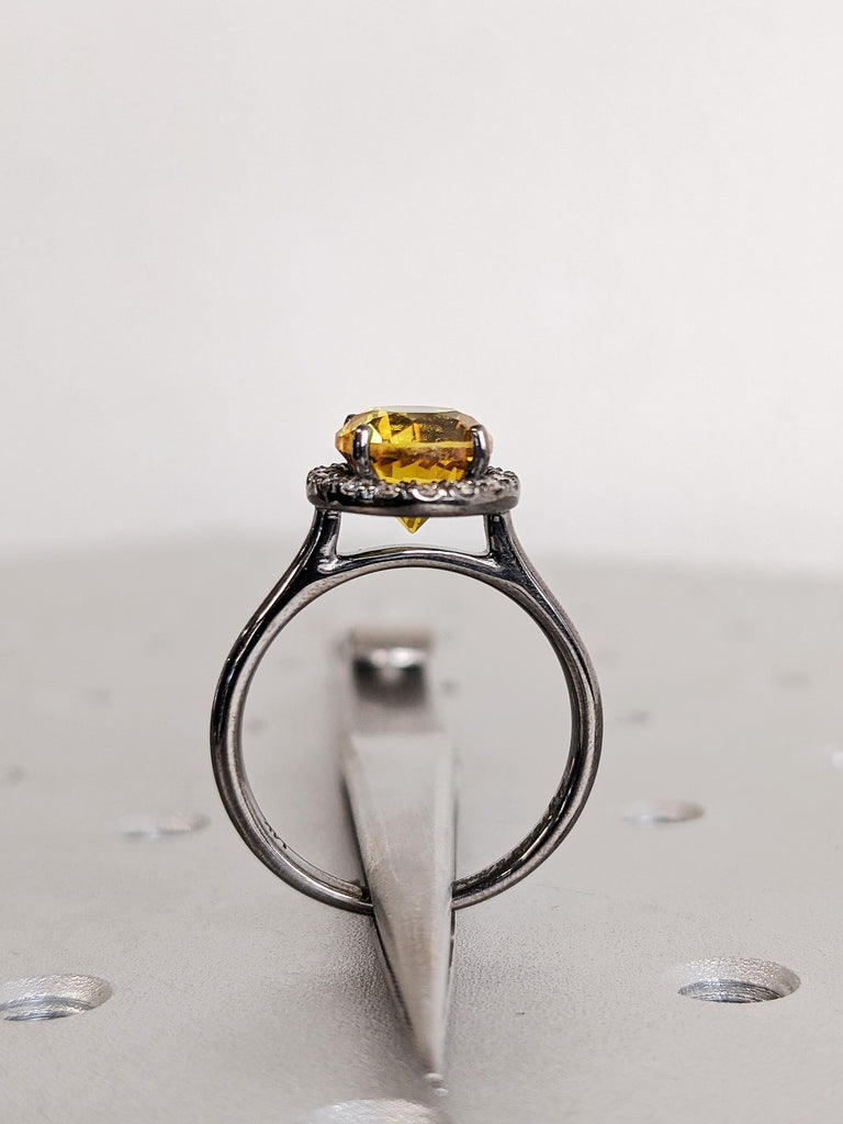 Yellow Lab Sapphire and Diamond Halo Engagement Ring, 14K Black Gold Pisces Birthstone, Unique Women's Anniversary Ring, Everyday Jewelry