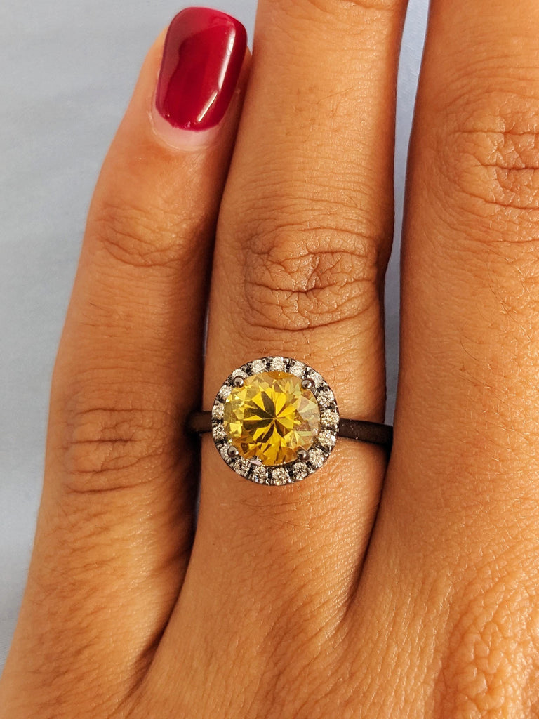 Yellow Lab Sapphire and Diamond Halo Engagement Ring, 14K Black Gold Pisces Birthstone, Unique Women's Anniversary Ring, Everyday Jewelry