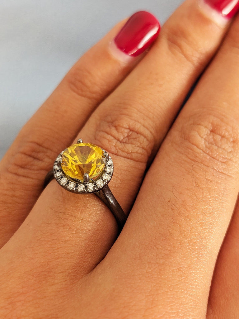 September Birthstone Engagement Ring, Round Yellow Sapphire Anniversary Wedding Band, Diamond Halo Promise Ring