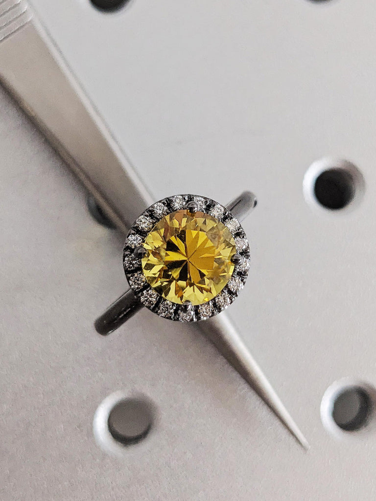 September Birthstone Engagement Ring, Round Yellow Sapphire Anniversary Wedding Band, Diamond Halo Promise Ring