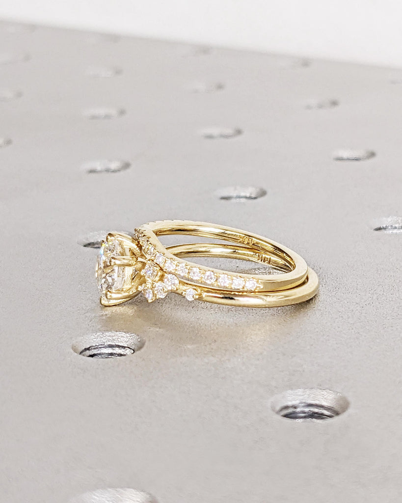 Round Moissanite Engagement Ring Set | 14K Dainty Moissanite Bridal Ring Set | Unique Snowdrift Moissanite Cluster Floral Rings Set for Her