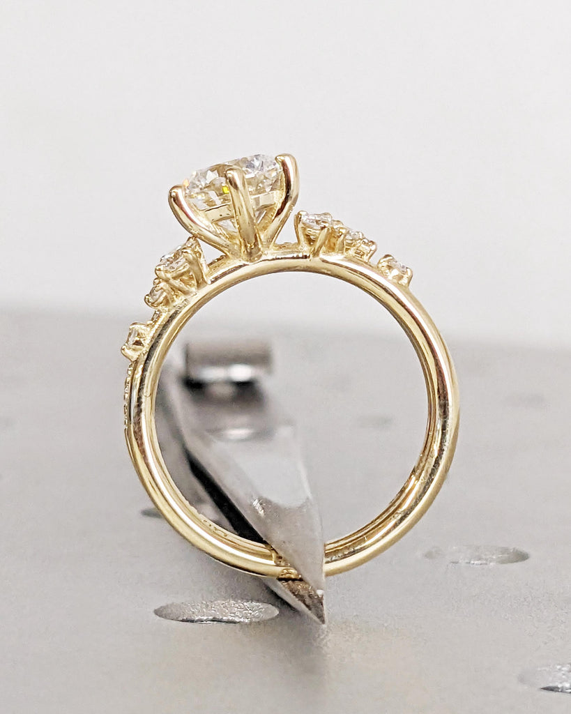 Round Moissanite Engagement Ring Set | 14K Dainty Moissanite Bridal Ring Set | Unique Snowdrift Moissanite Cluster Floral Rings Set for Her