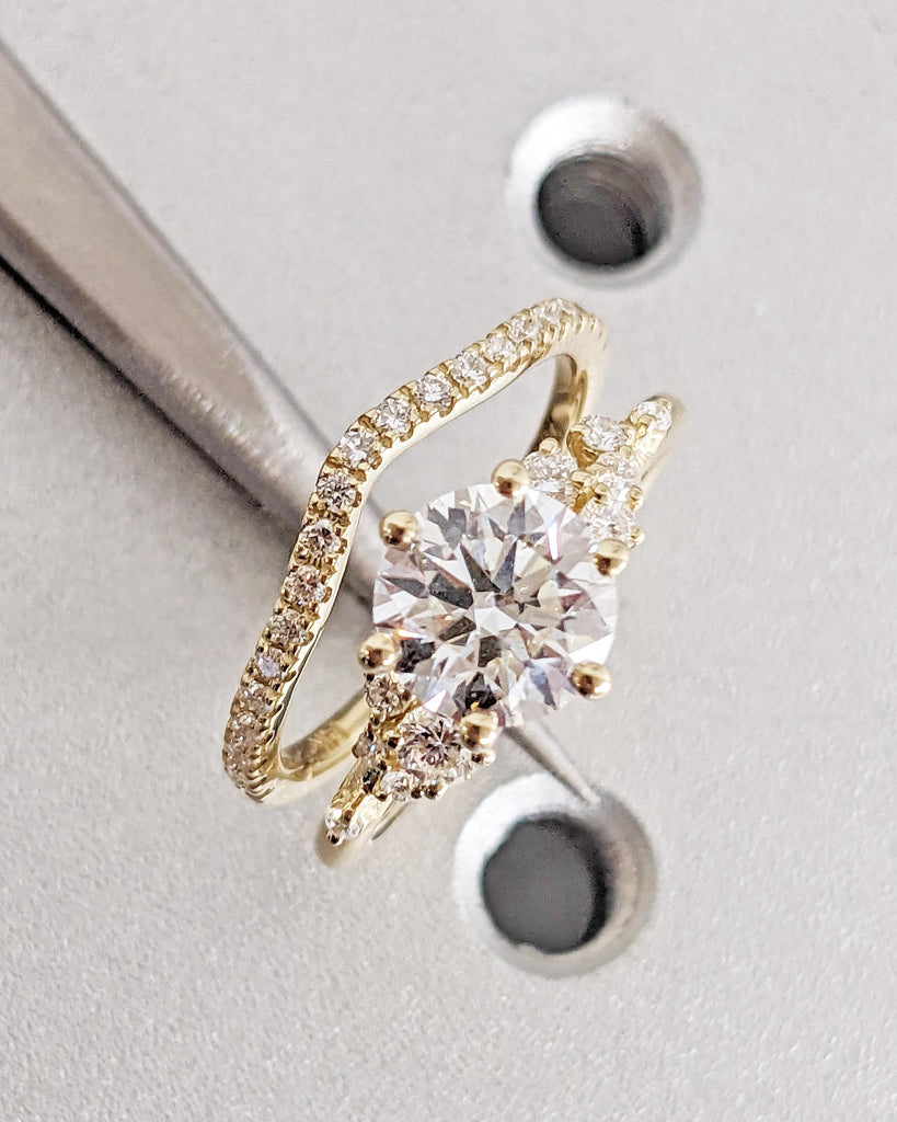 Round Moissanite Engagement Ring Set | 14K Dainty Moissanite Bridal Ring Set | Unique Snowdrift Moissanite Cluster Floral Rings Set for Her