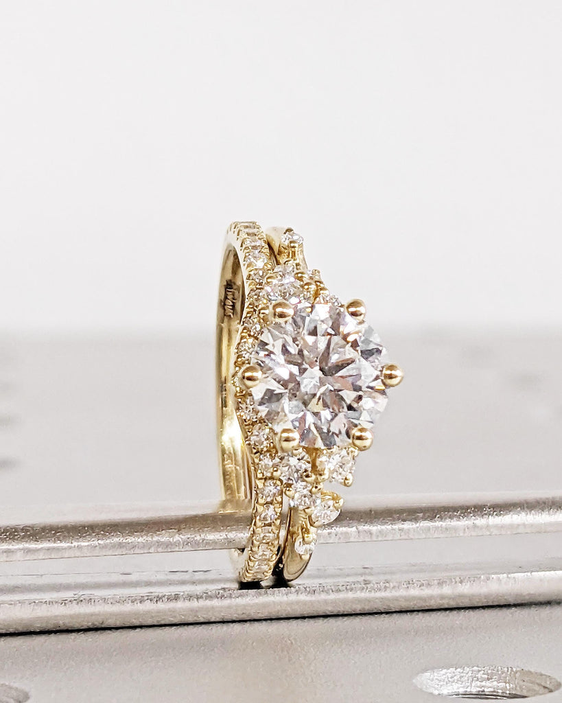 Round Moissanite Engagement Ring Set | 14K Dainty Moissanite Bridal Ring Set | Unique Snowdrift Moissanite Cluster Floral Rings Set for Her