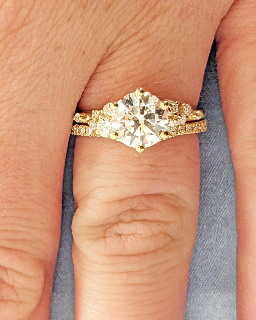 Round Lab Grown Diamond Engagement Ring Set | 14K Dainty Diamond Bridal Ring Set | Unique Snowdrift Diamond Cluster Floral Rings Set for Her