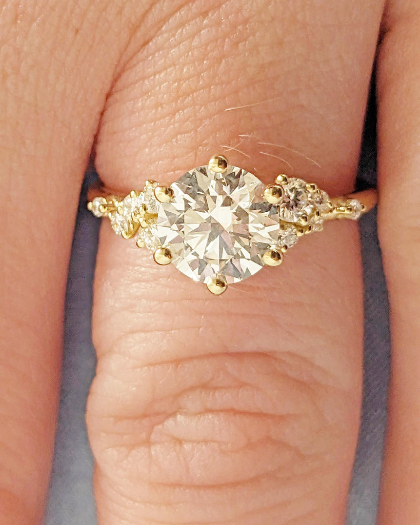 Round Lab Grown Diamond 14K Solid Gold Engagement Ring, Unique Snowdrift 6 Prong Diamond Cluster Promise Ring, Vintage Wedding Ring for Her