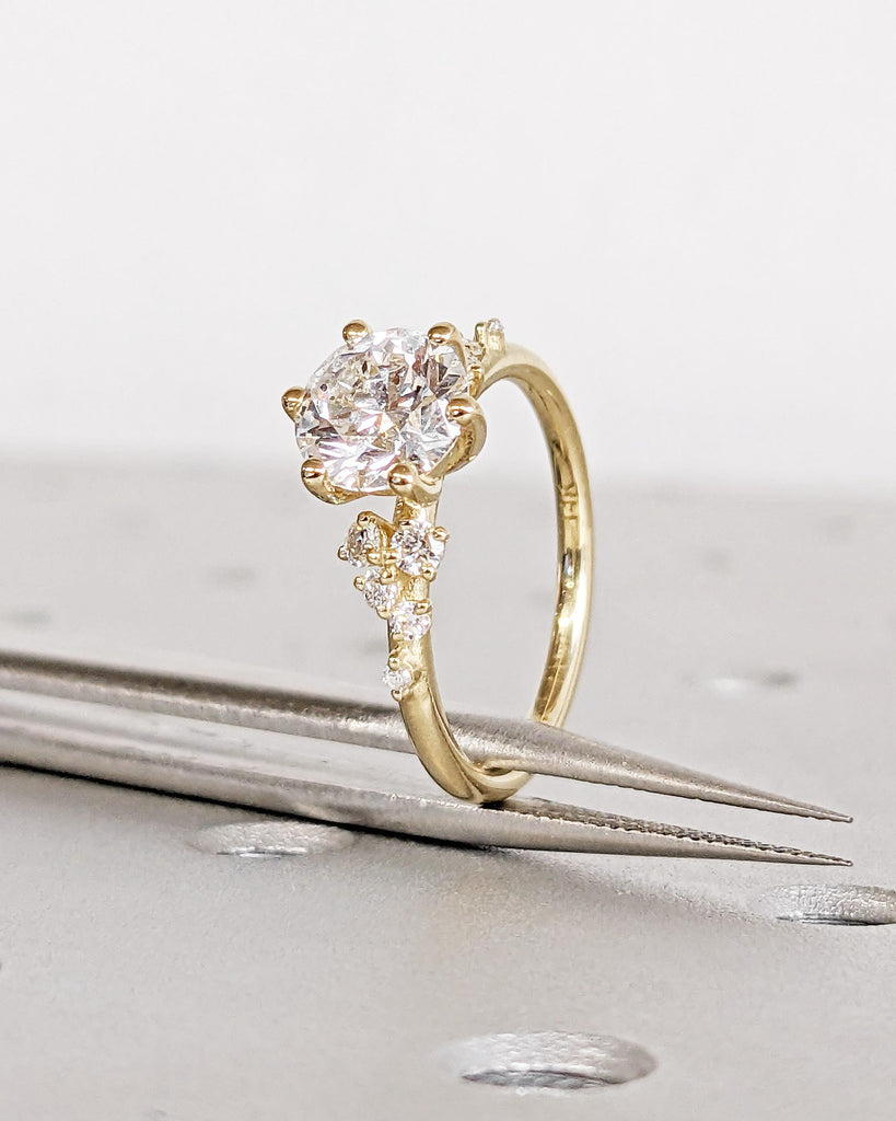 Round Lab Grown Diamond 14K Solid Gold Engagement Ring, Unique Snowdrift 6 Prong Diamond Cluster Promise Ring, Vintage Wedding Ring for Her
