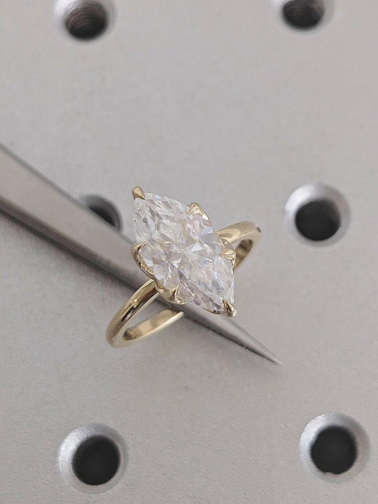 Solitaire 14k Yellow Gold Moissanite Ring, Unique Tulip Basket Marquise Engagement Ring