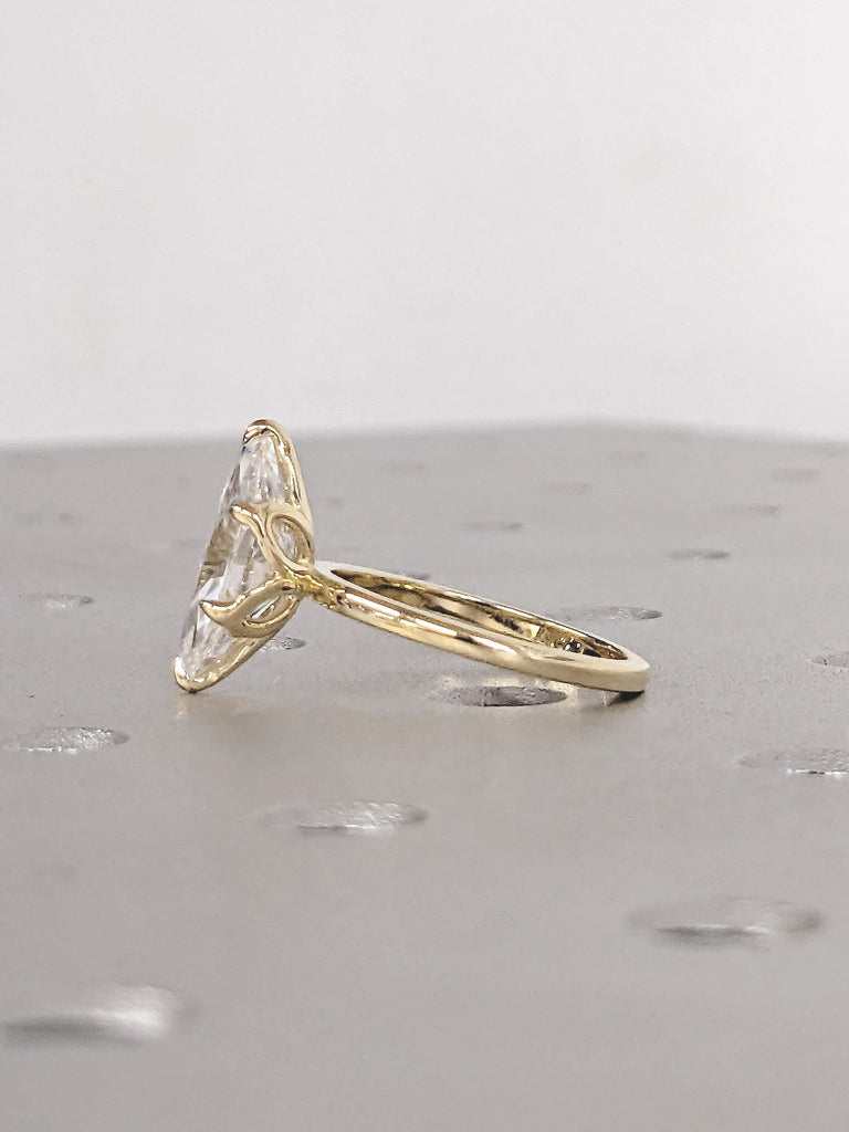 Solitaire 14k Yellow Gold Moissanite Ring, Unique Tulip Basket Marquise Engagement Ring