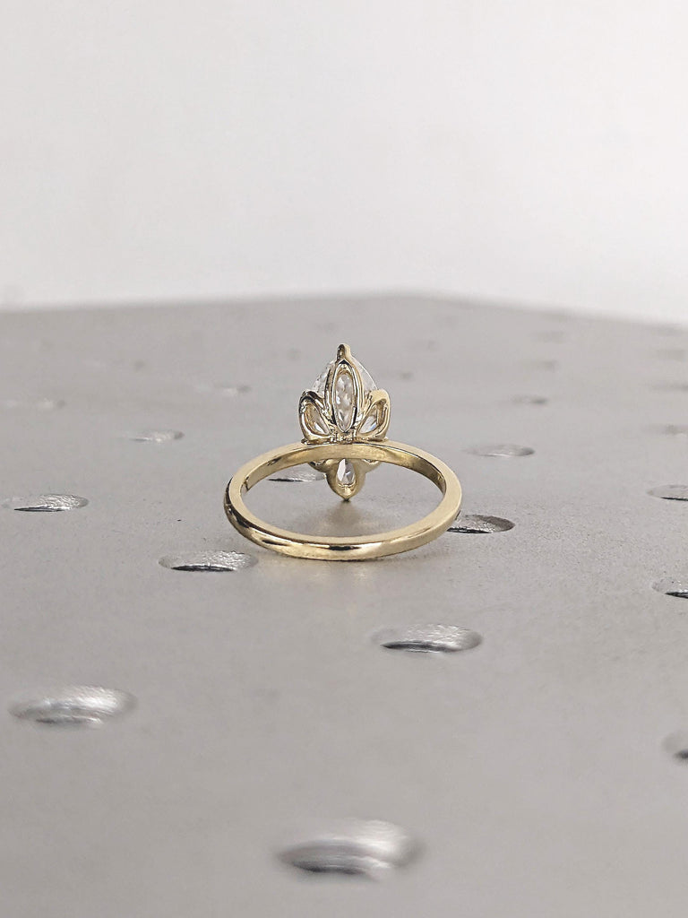 Solitaire 14k Yellow Gold Moissanite Ring, Unique Tulip Basket Marquise Engagement Ring