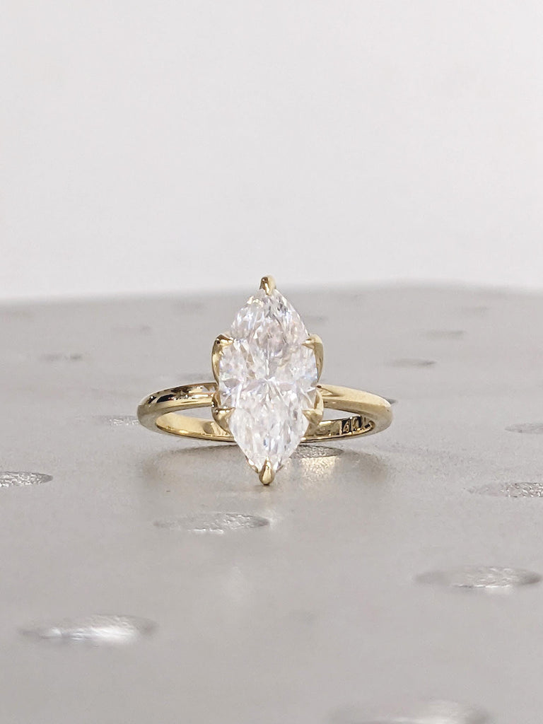 14k Yellow Gold Lab Grown Diamond Ring, Tulip Basket Setting Marquise Engagement Ring, Solitaire Personalized Statement Ring, Nature Jewelry
