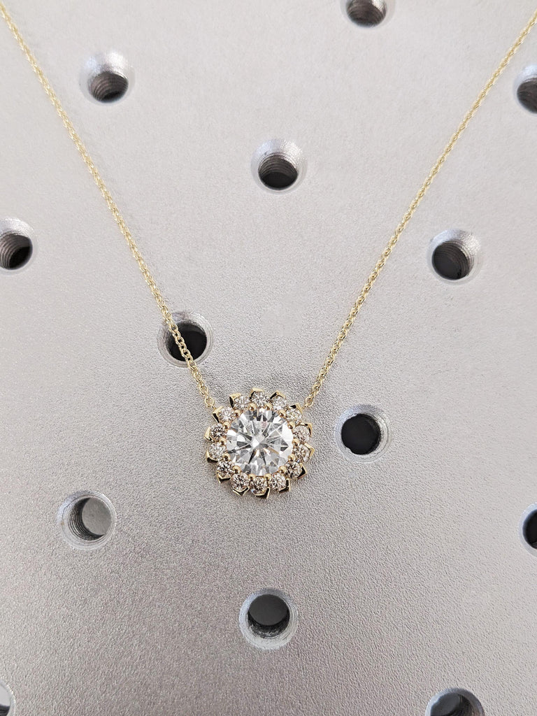 14K Solid Yellow Gold Round Moissanite Engagement Pendant, Flower Diamond Women's Chain Necklace, Everyday Jewelry, Birthday Gift for Her