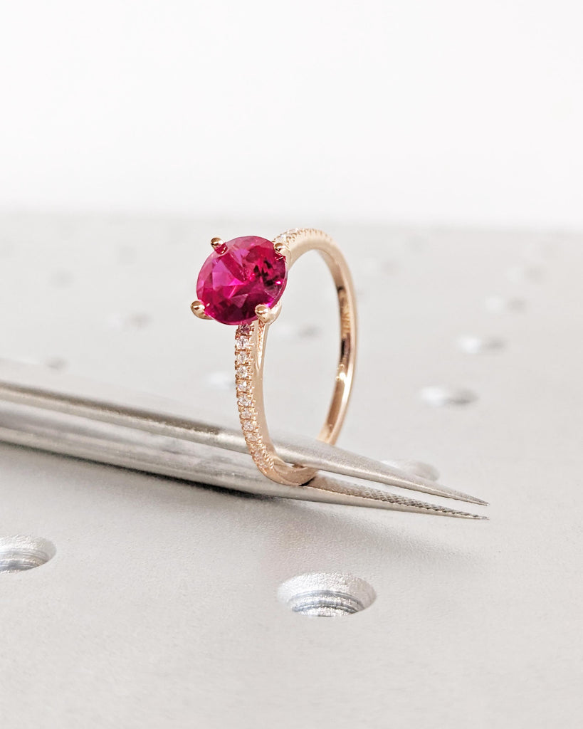 Vintage Ruby and Diamond Engagement Ring for Women | 14K Rose Gold Lab Created Ruby Ring | Cathedral Setting, High Profile Prongs, Pavé Band