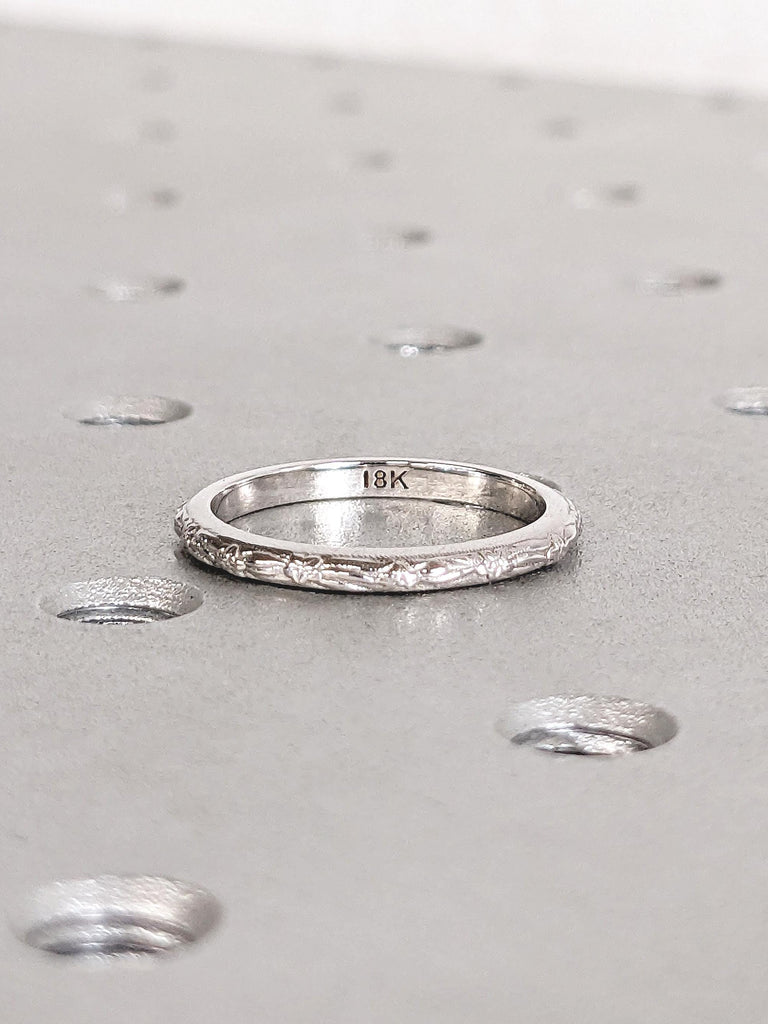 Vintage Floral Wedding Band: Dainty 18K White Gold Classic Engagement Ring, Stackable Unisex Jewelry