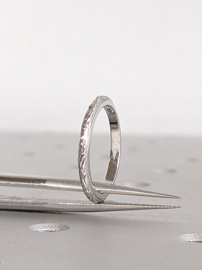 Vintage Floral Wedding Band: Dainty 18K White Gold Classic Engagement Ring, Stackable Unisex Jewelry