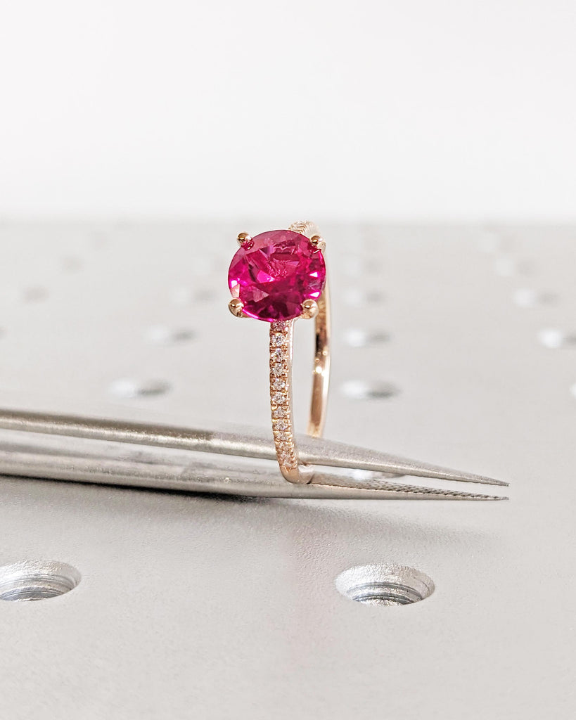 Vintage Ruby and Diamond Engagement Ring for Women | 14K Rose Gold Lab Created Ruby Ring | Cathedral Setting, High Profile Prongs, Pavé Band