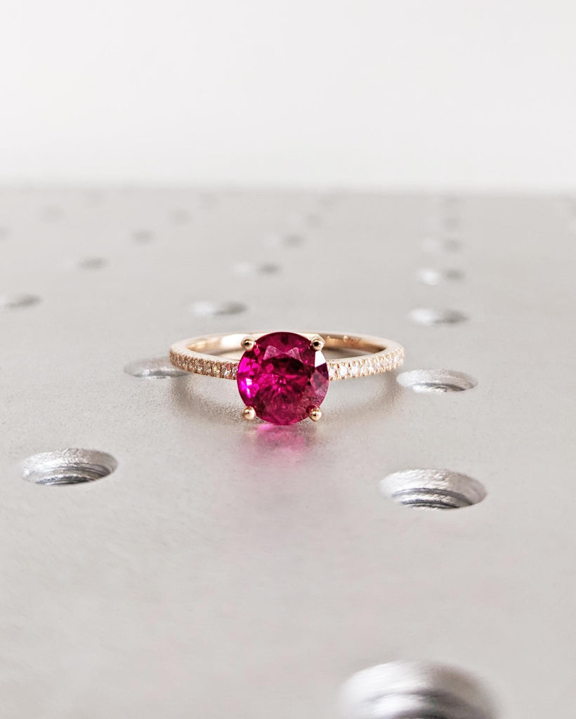 Vintage Ruby and Diamond Engagement Ring for Women | 14K Rose Gold Lab Created Ruby Ring | Cathedral Setting, High Profile Prongs, Pave Band