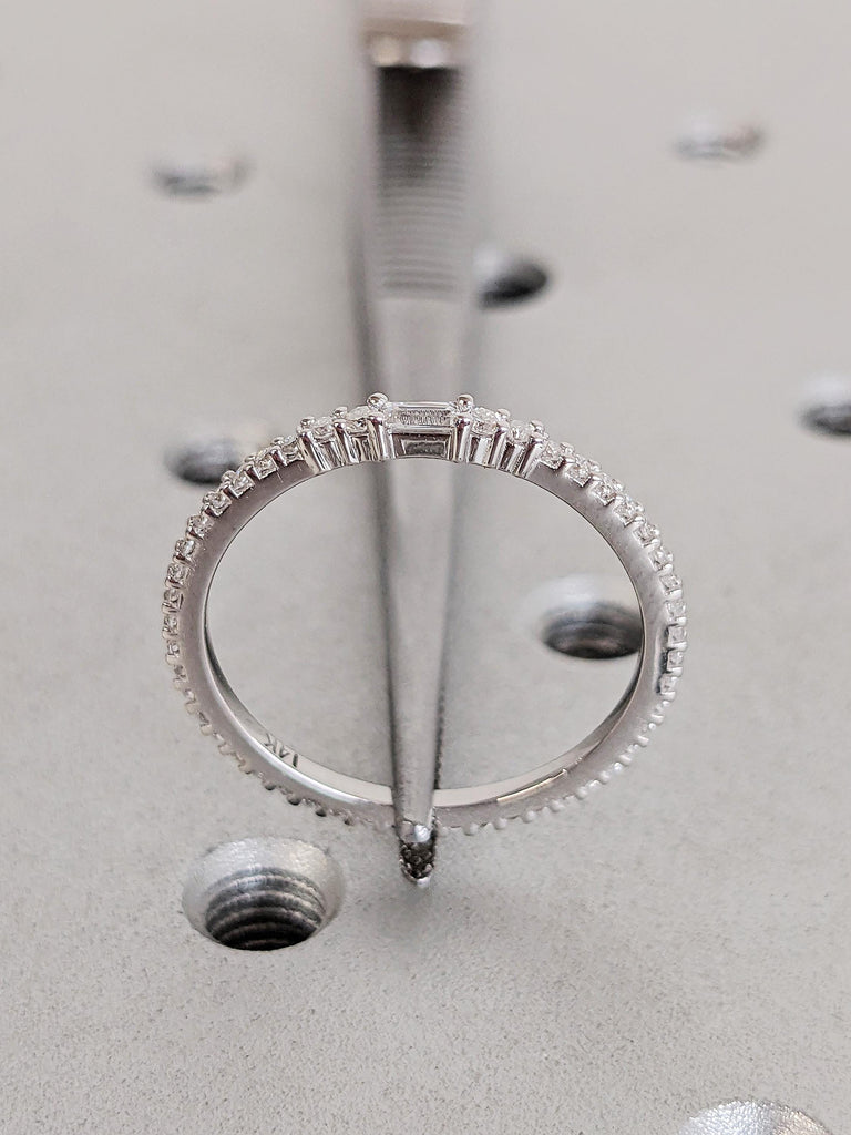 Diamond Stacking Ring, Dainty 14K Gold White Diamond Wedding Band, Thin Full Eternity Matching Engagement Ring, Custom Bridal Jewelry