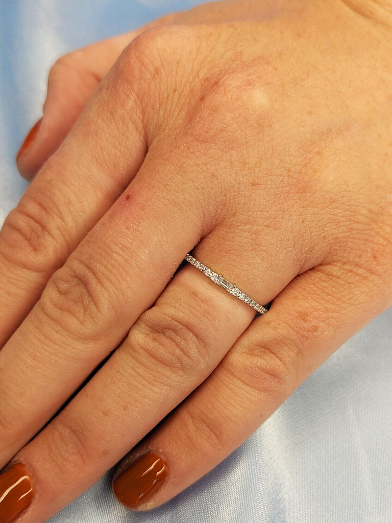 Diamond Stacking Ring, Dainty 14K Gold White Diamond Wedding Band, Thin Full Eternity Matching Engagement Ring, Custom Bridal Jewelry